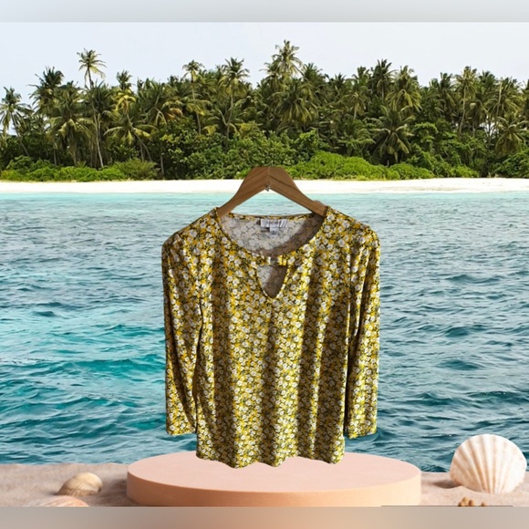 Nine West Women’s Slit Neck Long Sleeve Top yellow black white floral S - Picture 3 of 16